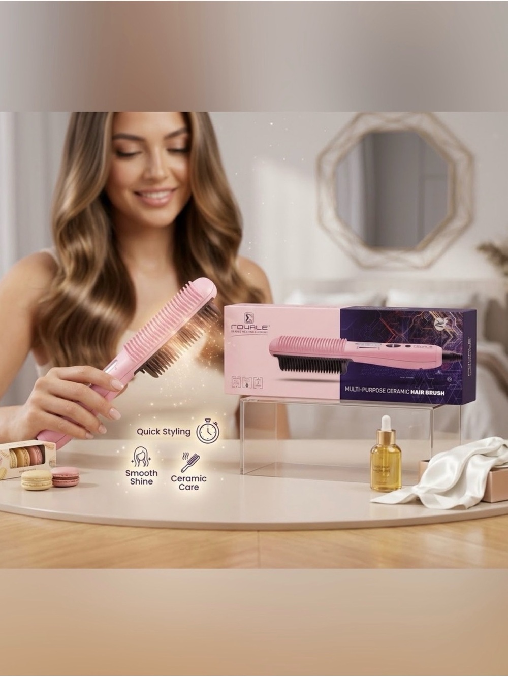 ROYALE Multi-Purpose Ceramic Hair Straightening Brush - Rose Gold ~ Retail $500